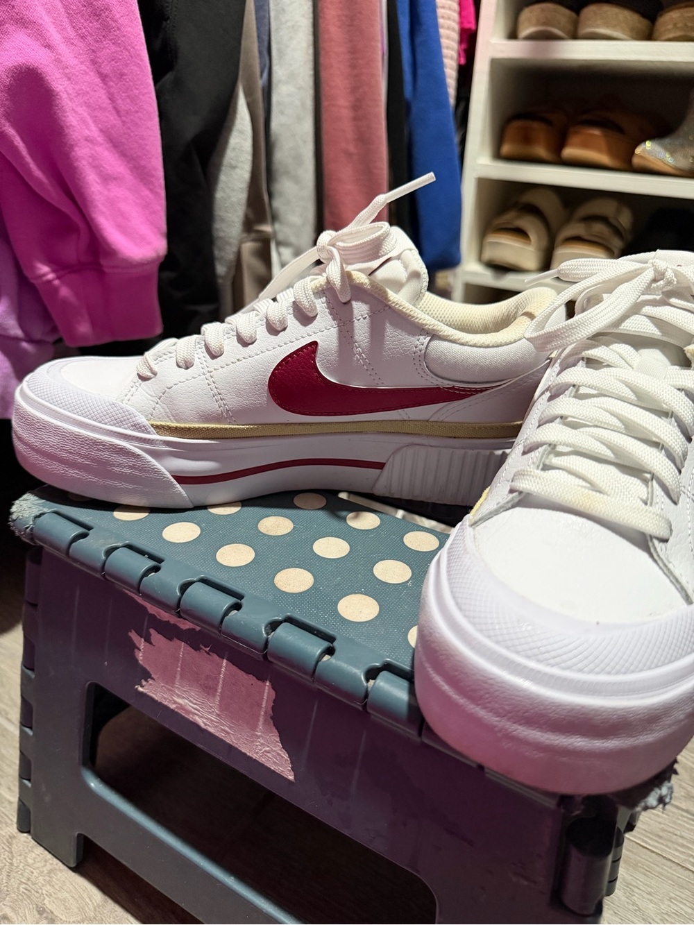 Nike Women's Legacy Lift White Platform Sneaker with Red and Gold Swoosh - Picture 2 of 3